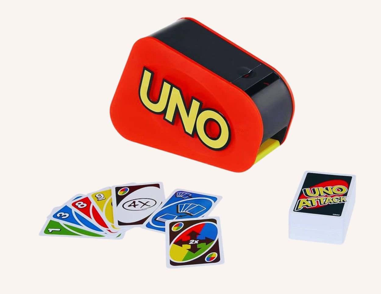 UNO Attack is a variation of the UNO Card game, in which random, rapid fire cards are shot out into the air using an electric card launcher.